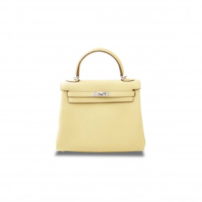 HERMÈS KELLY 25 TOGO CHICK YELLOW SILVER BUCKLE (25*17*7cm) 